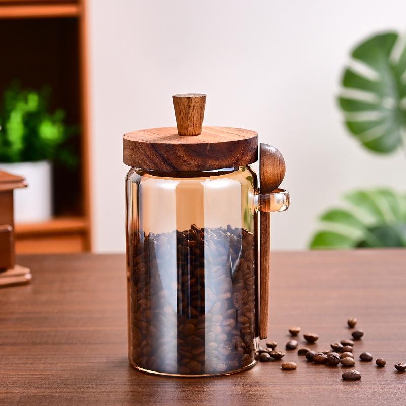 Креативная янтарная банка для хранения чая в виде кофейного зерна с ложкой, герметичная банка, высокоборосиликатное стекло, герметичная бутылка, деревянная крышка, контейнер для пищевых продуктов